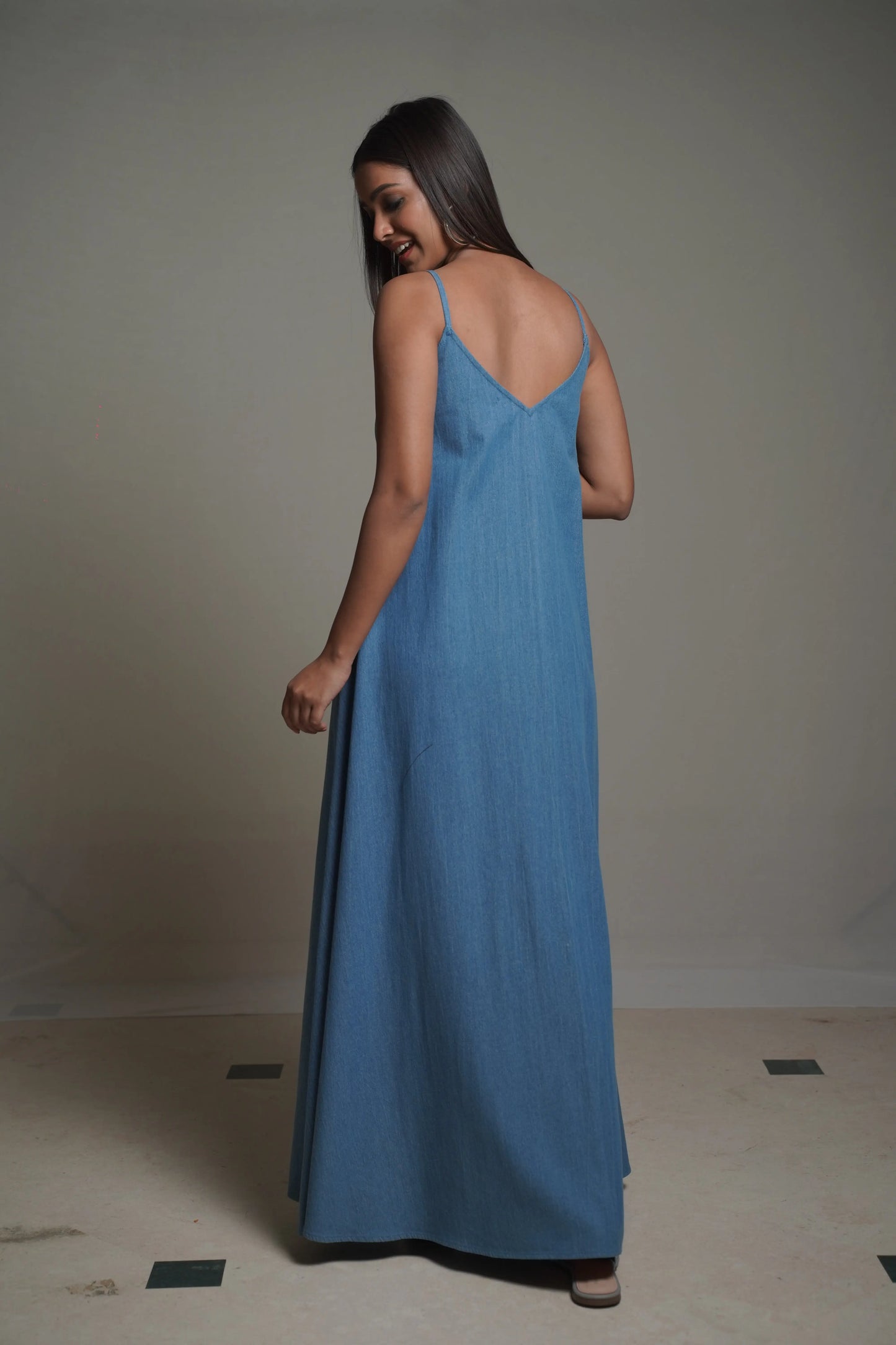 MAYA Medium Blue Denim Maxi Dress Mala Singh