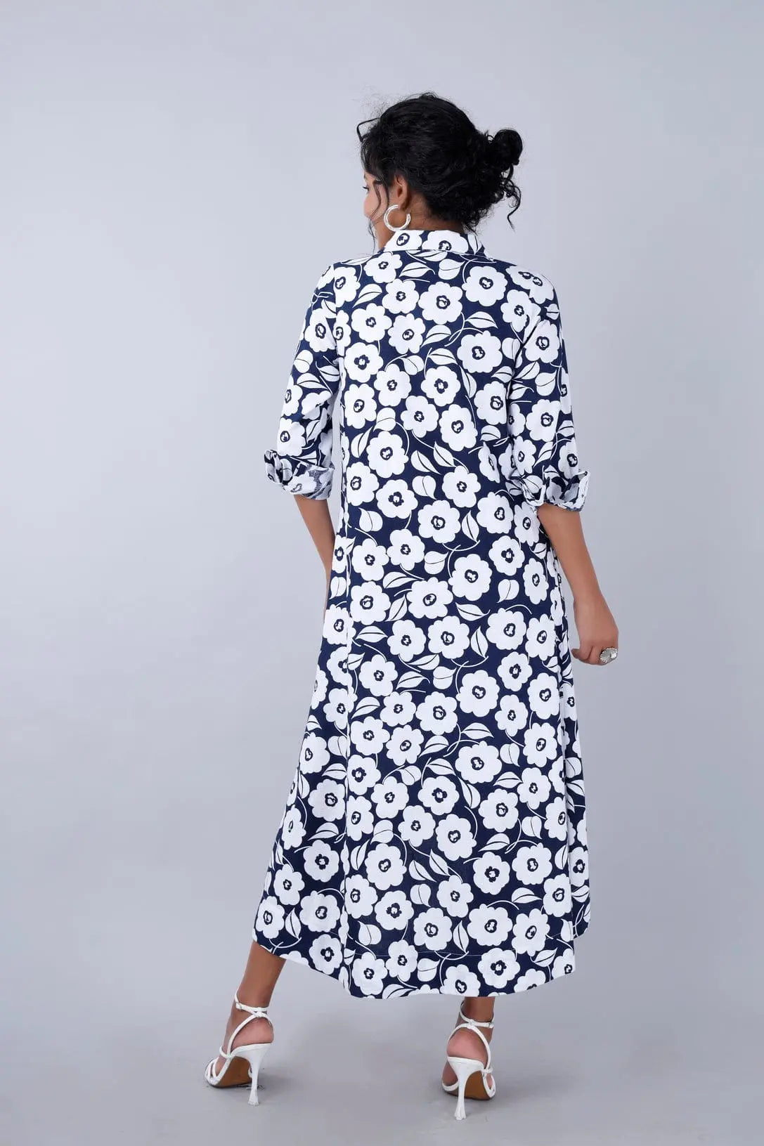 VINESSA Retro Ink Blue Floral Shirt Dress Mala Singh
