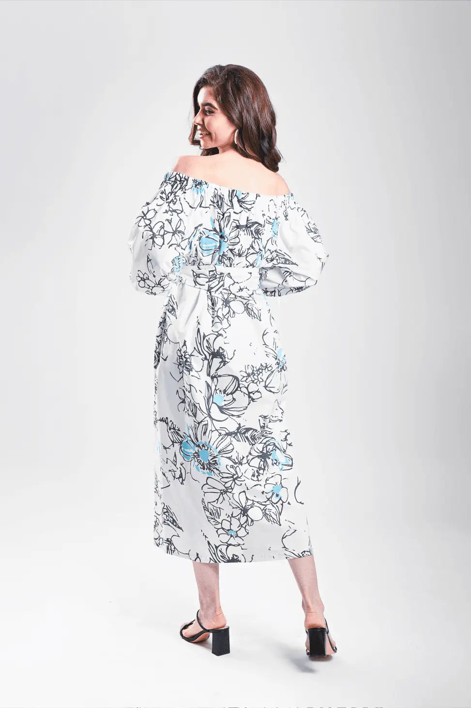 THE SUNDOWNER BARDOT Vintage Floral Black and Turq Print Mala Singh