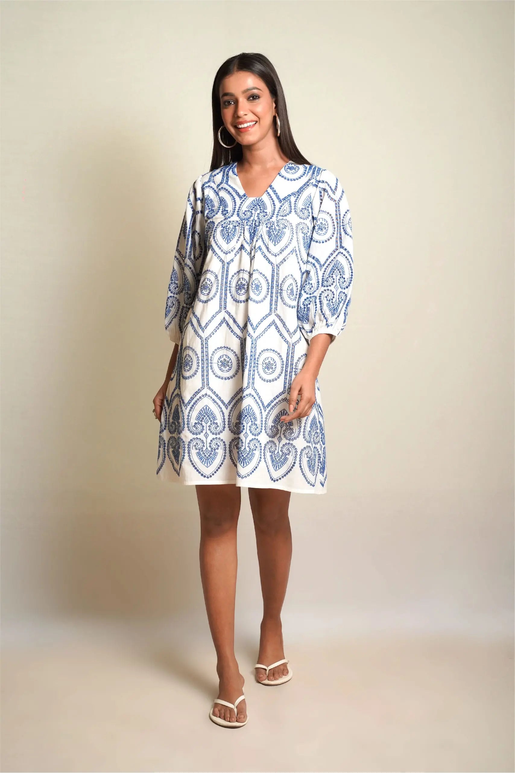 SUMMER SHIFT Blue Pottery Embroidered Dress - Mala Singh