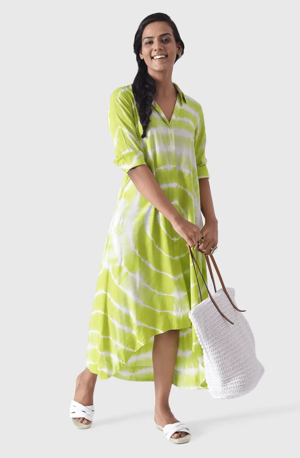 VINESSA Lime Circle Tie Dye High Low Shirt Dress Mala Singh