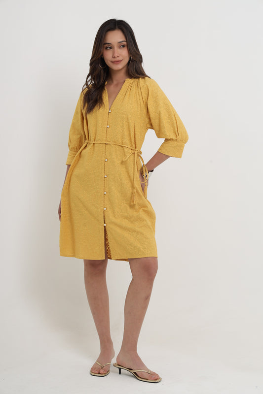 KEYA OCHRE EMBROIDERED DRESS Mala Singh