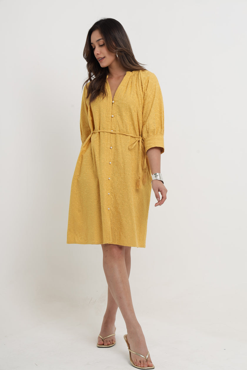 KEYA OCHRE EMBROIDERED DRESS Mala Singh