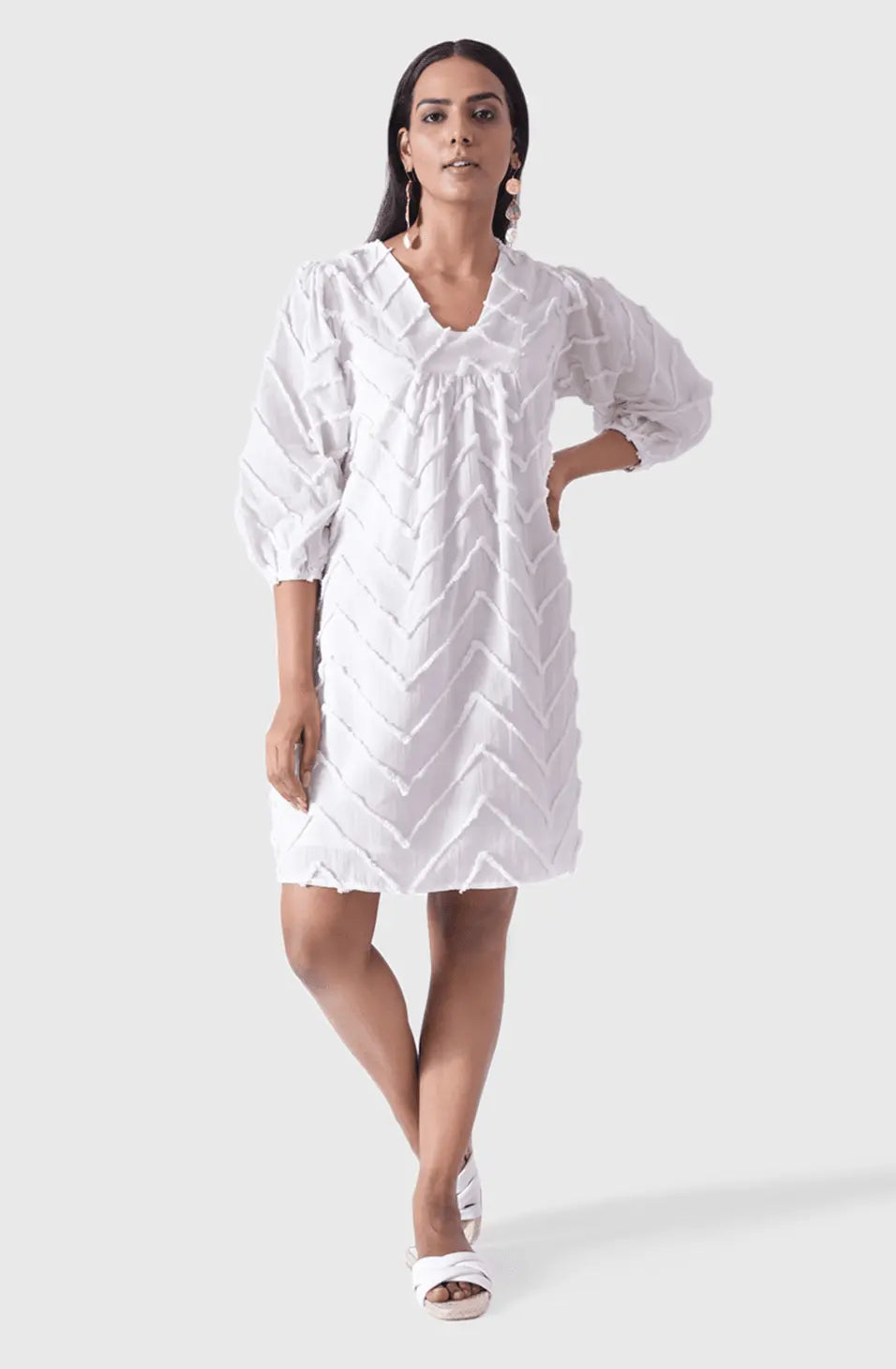 SUMMER SHIFT Embroidered White Chevron Dress Mala Singh