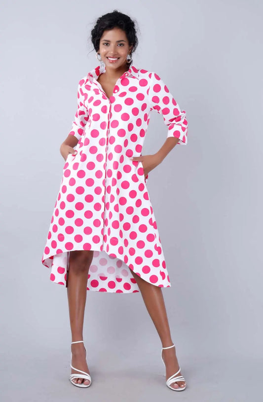 MELODY Fuchsia Polka Dot Print Shirt Dress Mala Singh