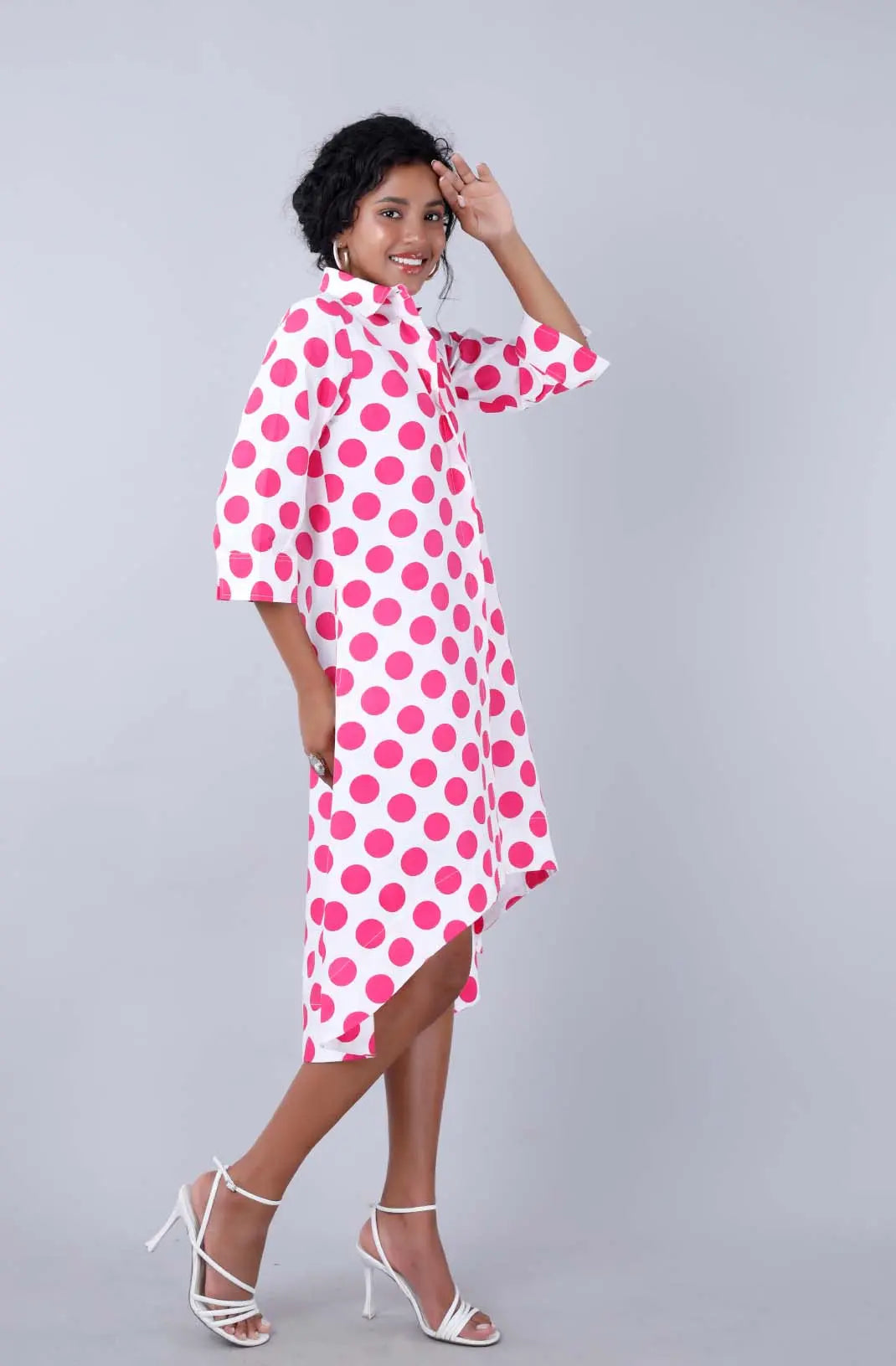 MELODY Fuchsia Polka Dot Print Shirt Dress Mala Singh