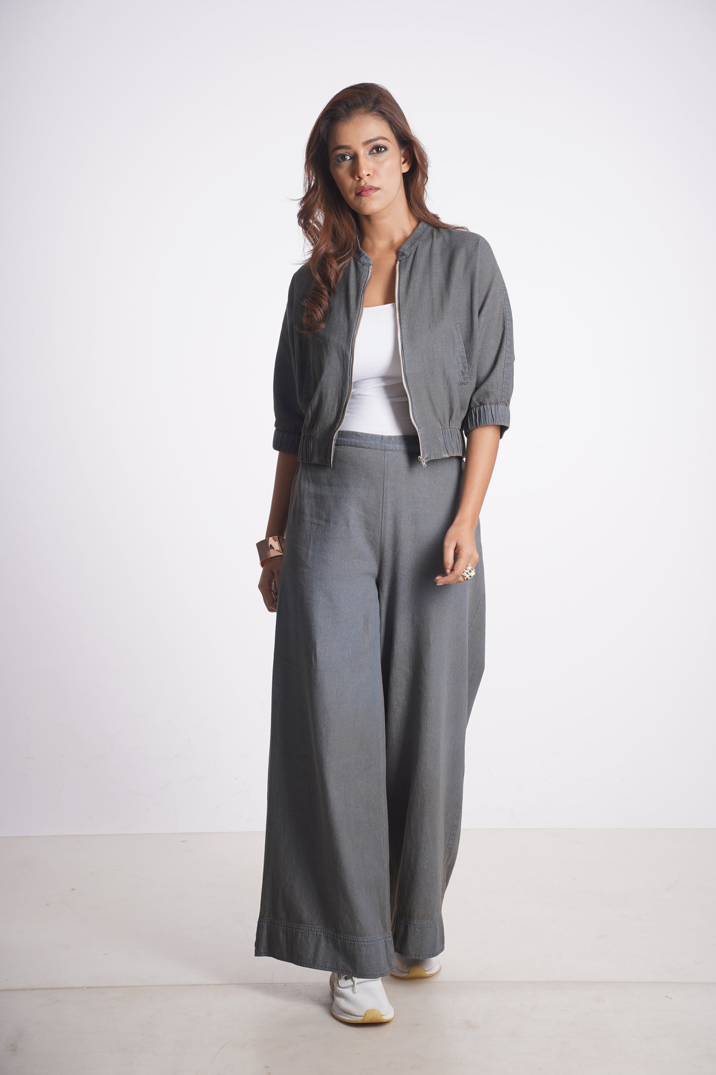 MARILYN CROPPED DENIM BOMBER JACKET & LUCIA DENIM PANT Mala Singh