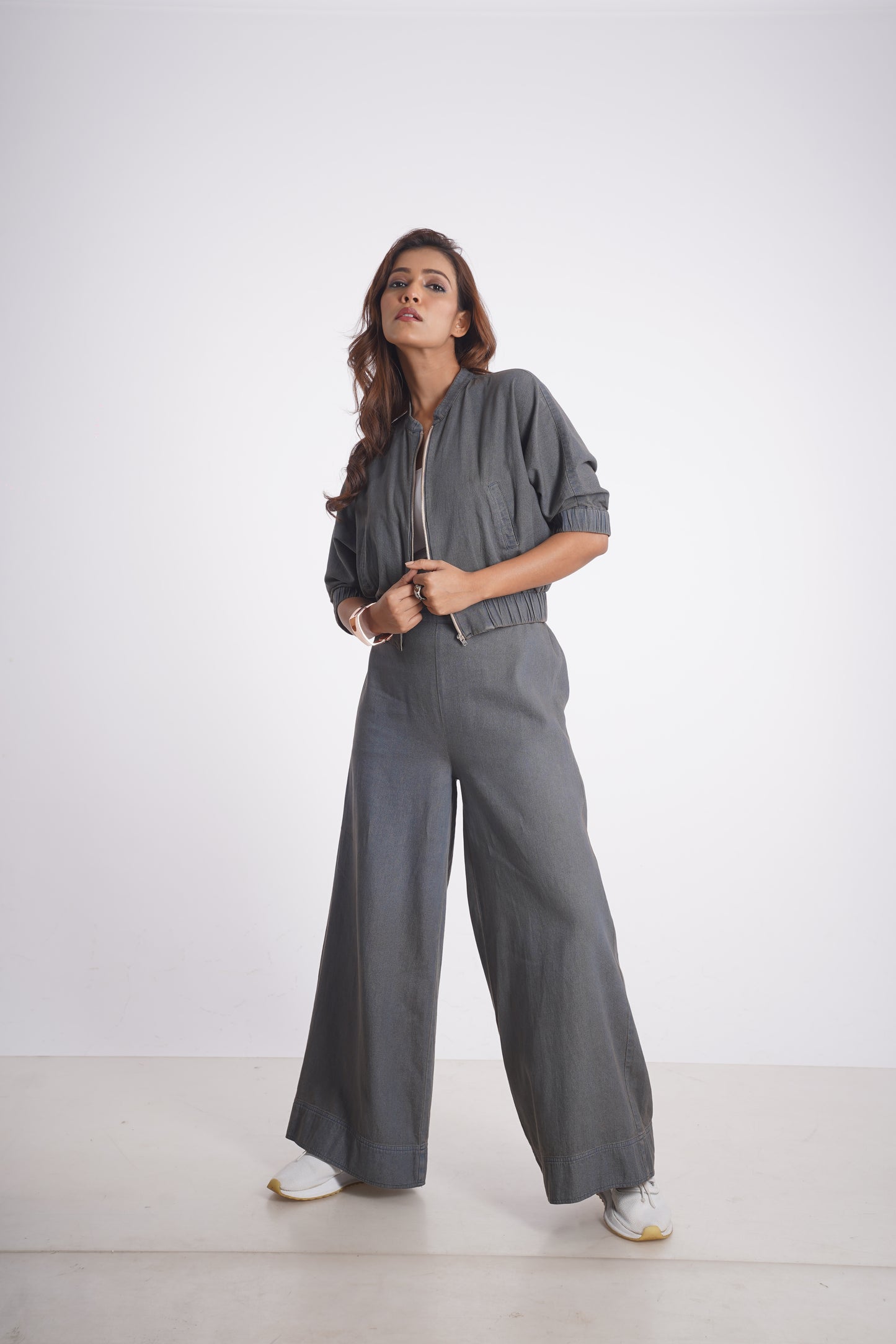 MARILYN CROPPED DENIM BOMBER JACKET & LUCIA DENIM PANT Mala Singh