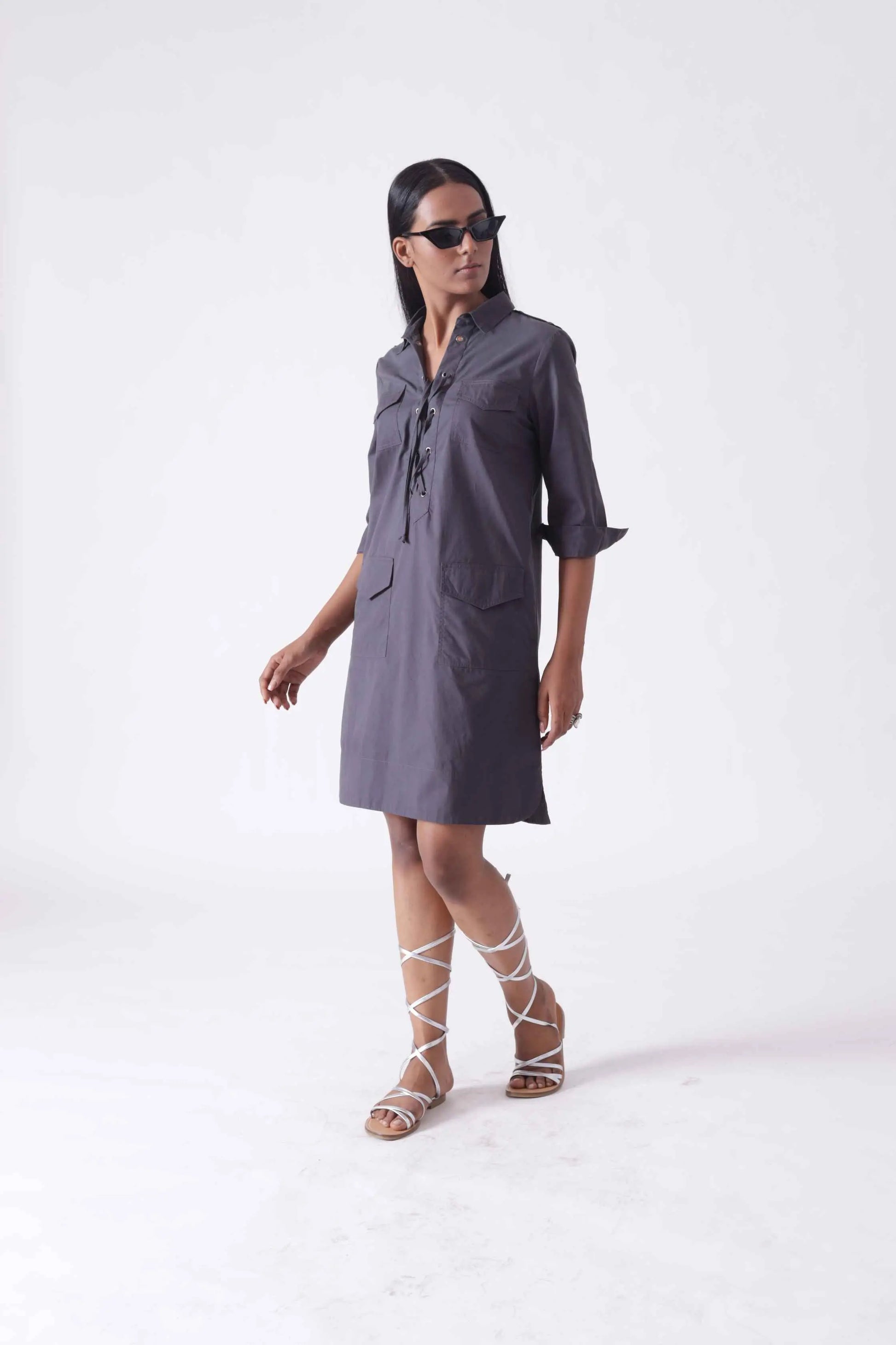 LILLE Grey Midi Shirt Dress Mala Singh