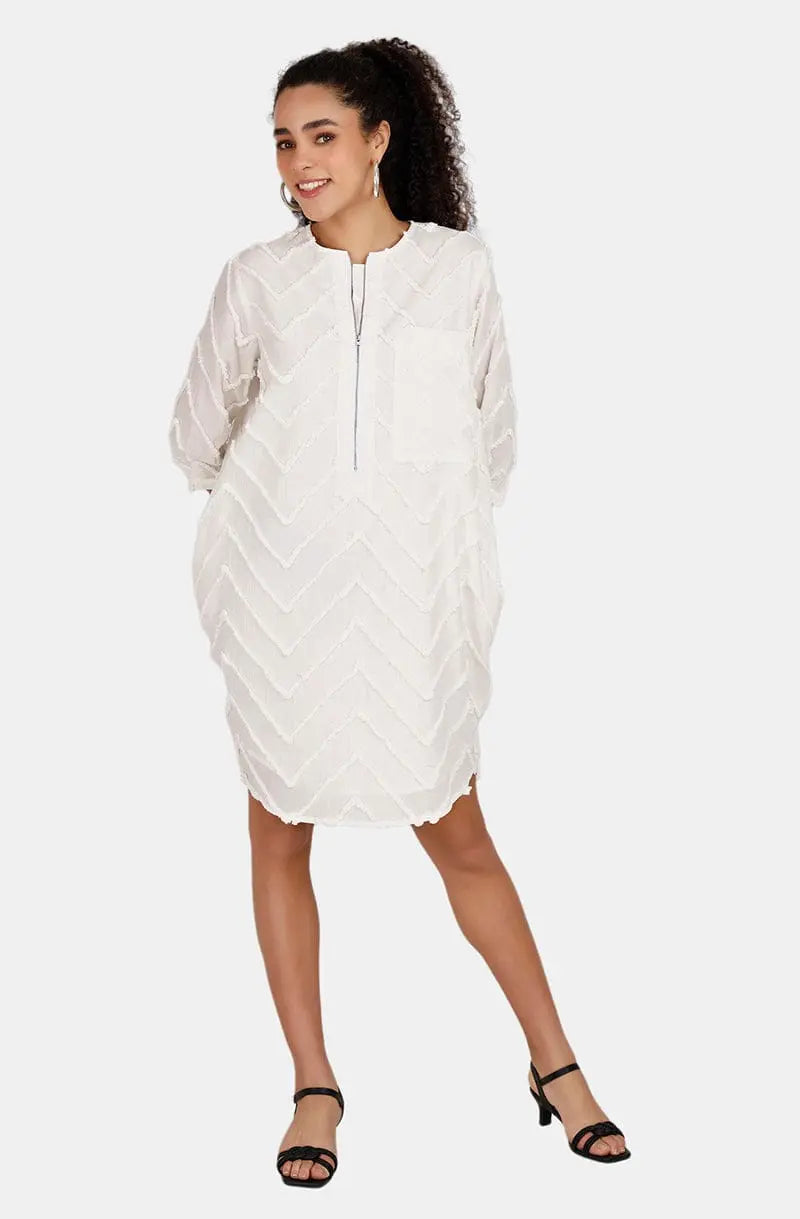 Monaco White Chevron Embroidery Dress Mala Singh