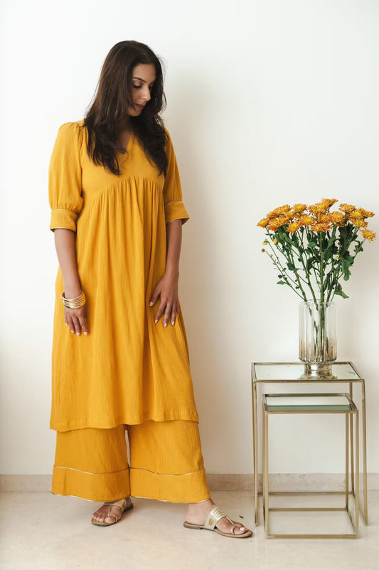 ZEEYA Crisscross Back Ochre Kurta Set Mala Singh