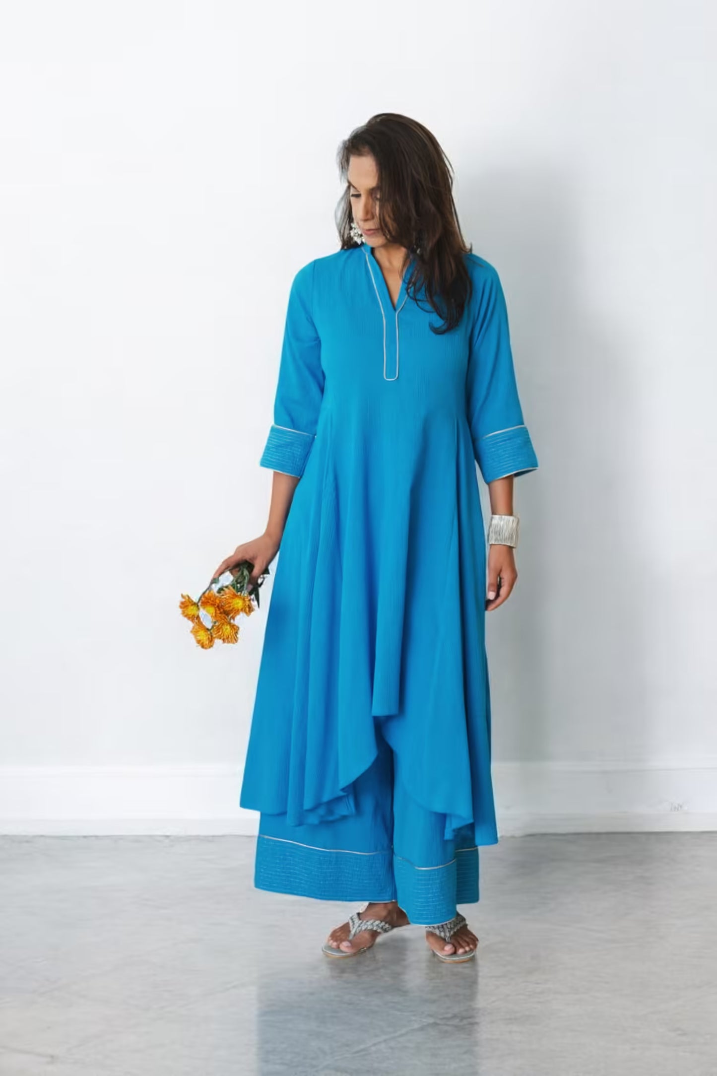 ADAARA Asymmetrical Hem Azure Blue Kurta Set Mala Singh