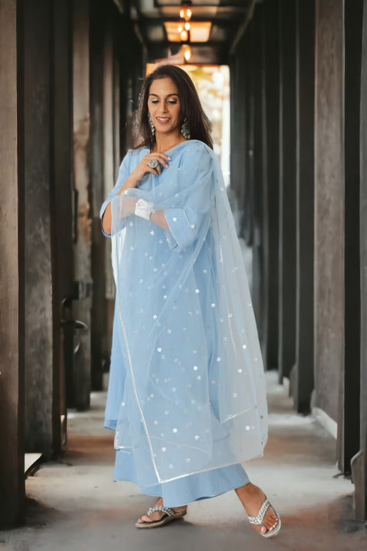 FARAH Long Tunic Sky Blue Kurta Set Mala Singh