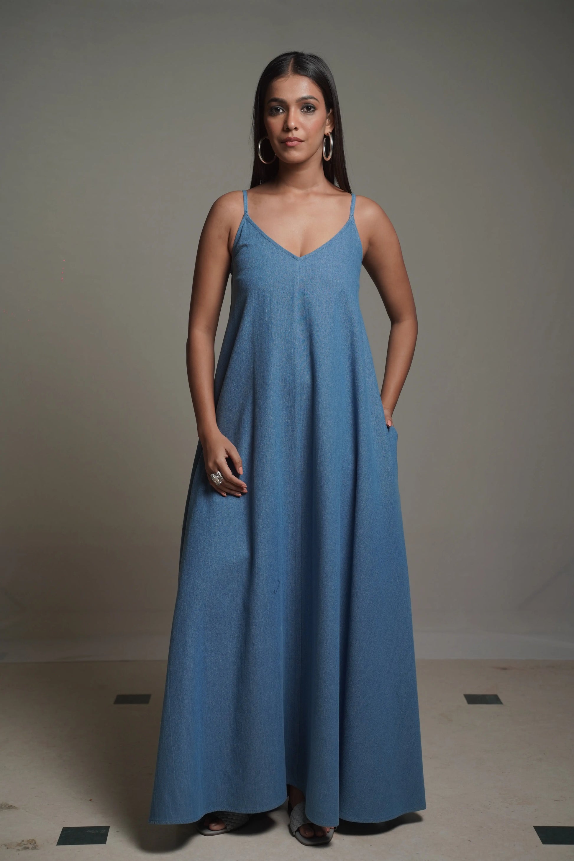 MAYA Medium Blue Denim Maxi Dress Mala Singh