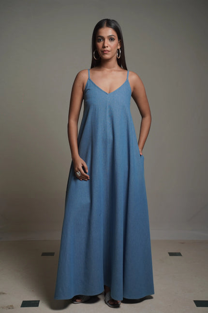 MAYA Medium Blue Denim Maxi Dress Mala Singh