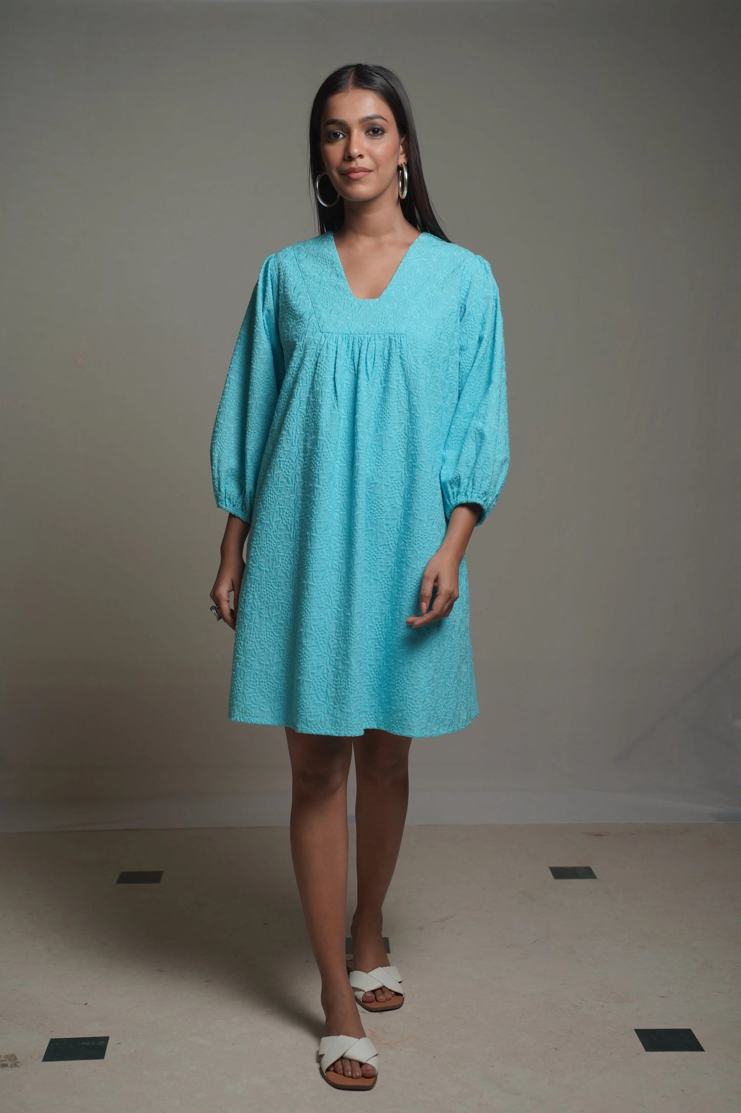 Summer Shift  Embroidered Turquoise Dress Mala Singh