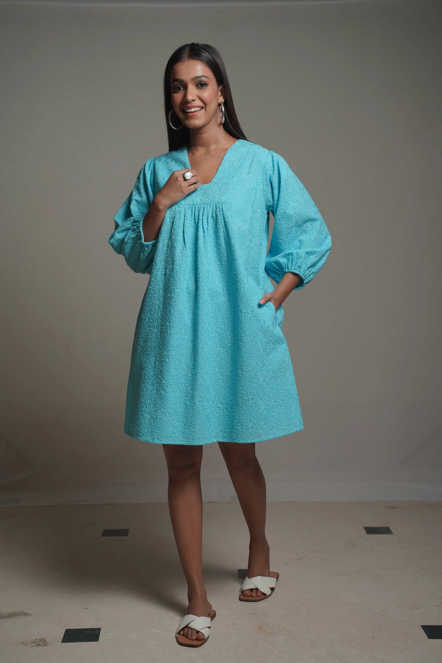 Summer Shift  Embroidered Turquoise Dress Mala Singh