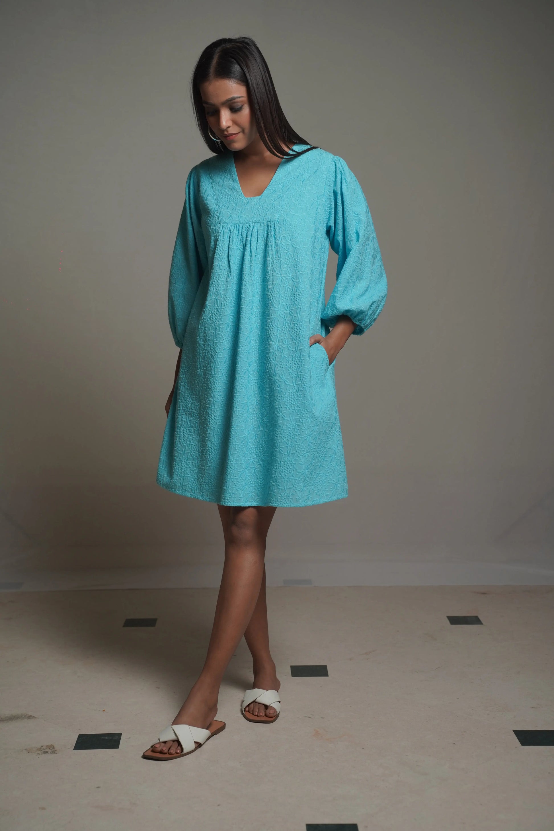 Summer Shift  Embroidered Turquoise Dress Mala Singh