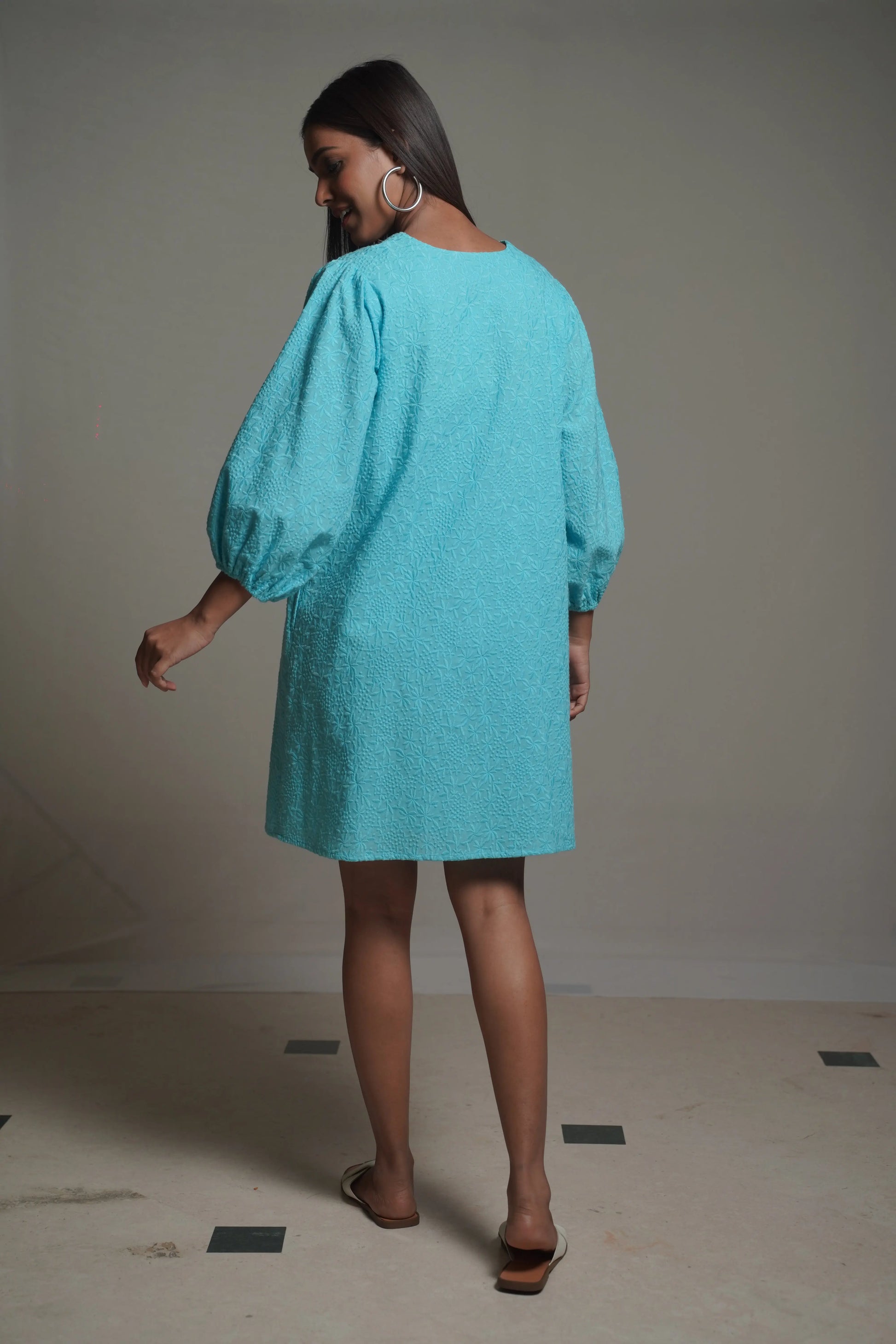 Summer Shift  Embroidered Turquoise Dress Mala Singh