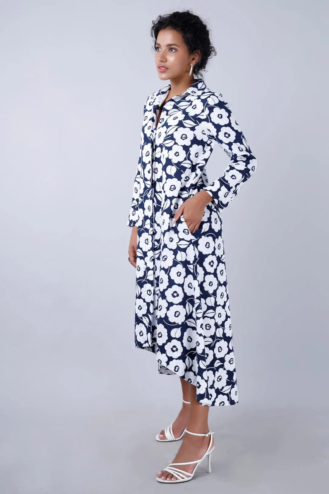 VINESSA Retro Ink Blue Floral Shirt Dress Mala Singh