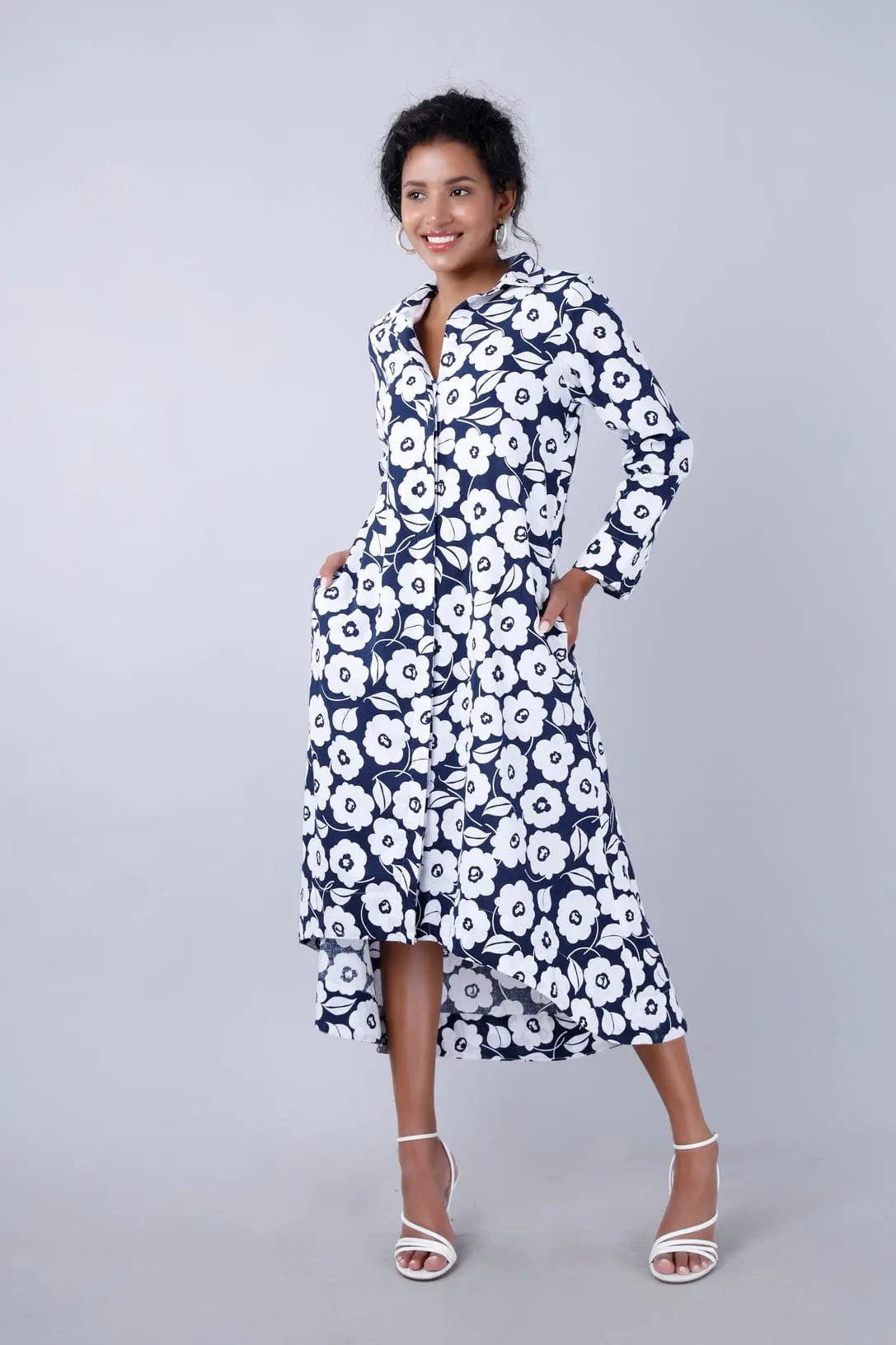 VINESSA Retro Ink Blue Floral Shirt Dress Mala Singh