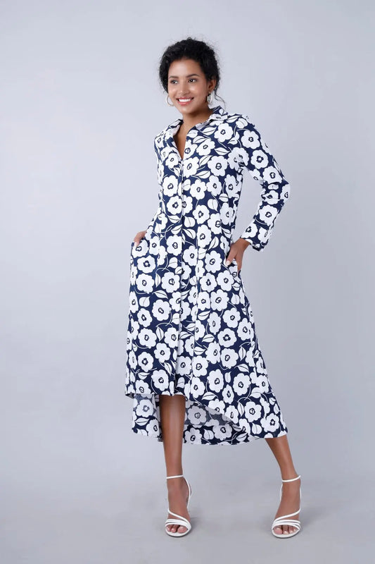 VINESSA Retro Ink Blue Floral Shirt Dress Mala Singh