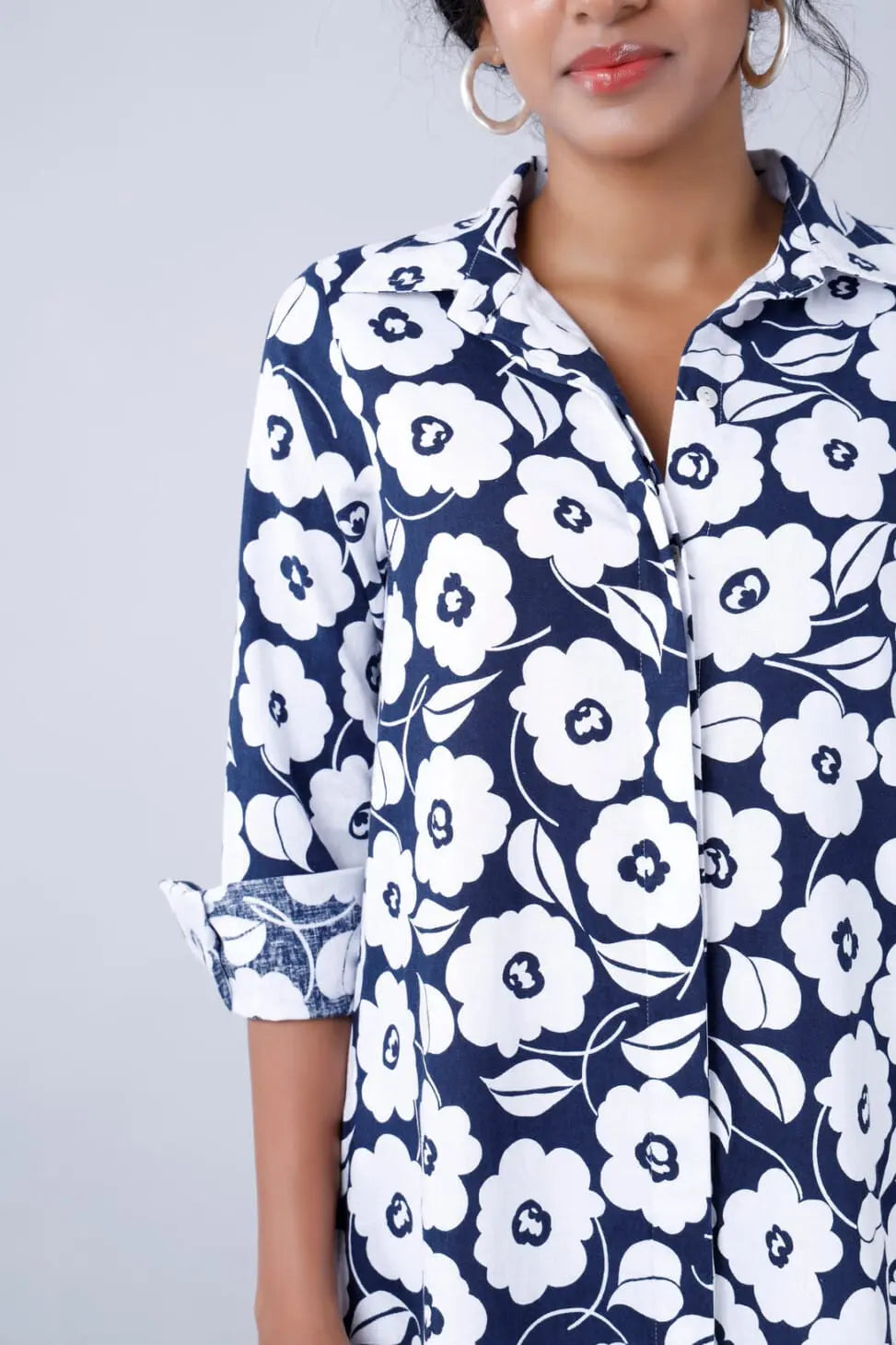 VINESSA Retro Ink Blue Floral Shirt Dress Mala Singh