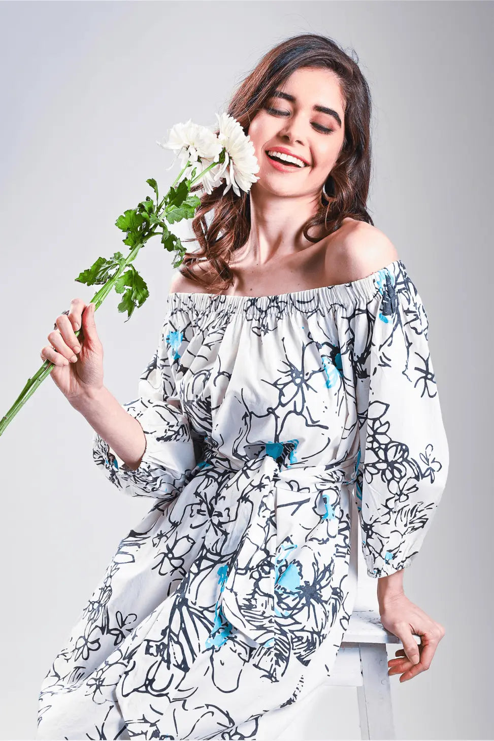 THE SUNDOWNER BARDOT Vintage Floral Black and Turq Print Mala Singh