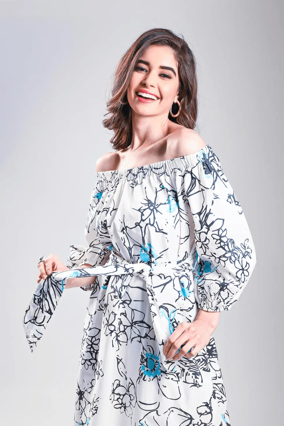 THE SUNDOWNER BARDOT Vintage Floral Black and Turq Print Mala Singh