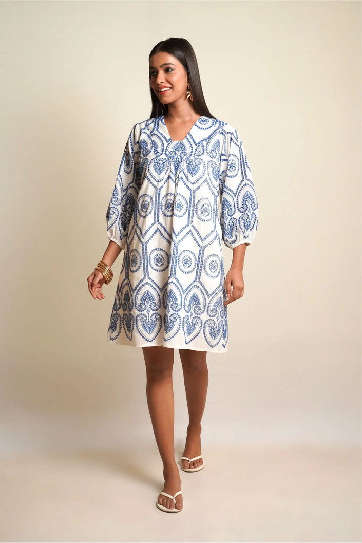 SUMMER SHIFT Blue Pottery Embroidered Dress Mala Singh