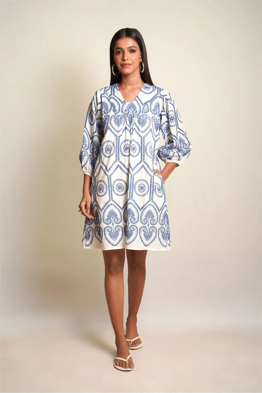 SUMMER SHIFT Blue Pottery Embroidered Dress Mala Singh