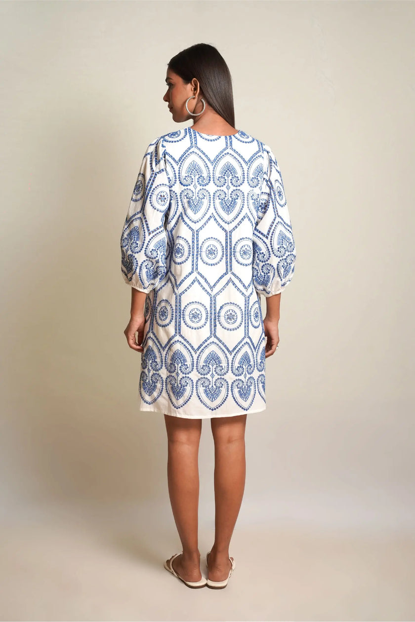 SUMMER SHIFT Blue Pottery Embroidered Dress Mala Singh