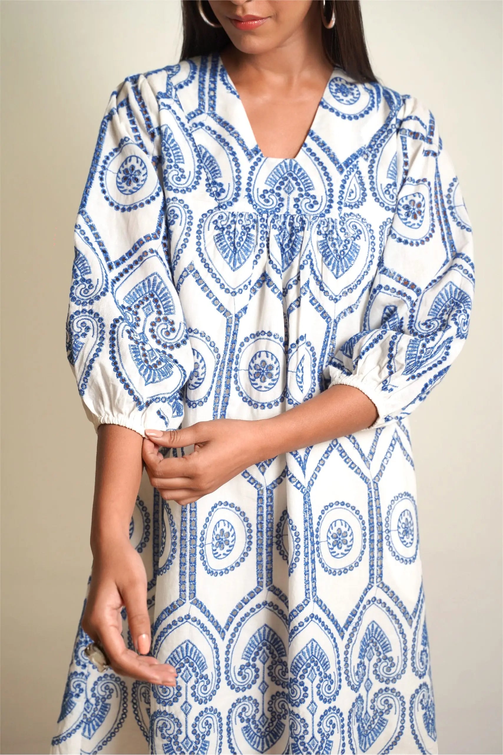 SUMMER SHIFT Blue Pottery Embroidered Dress Mala Singh