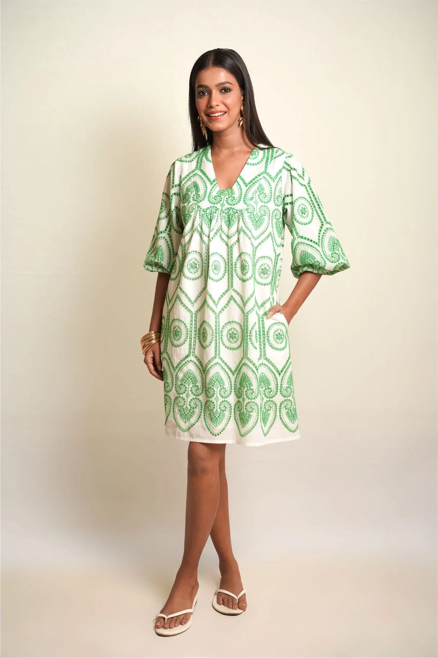 SUMMER SHIFT Green Pottery Embroidery Mala Singh