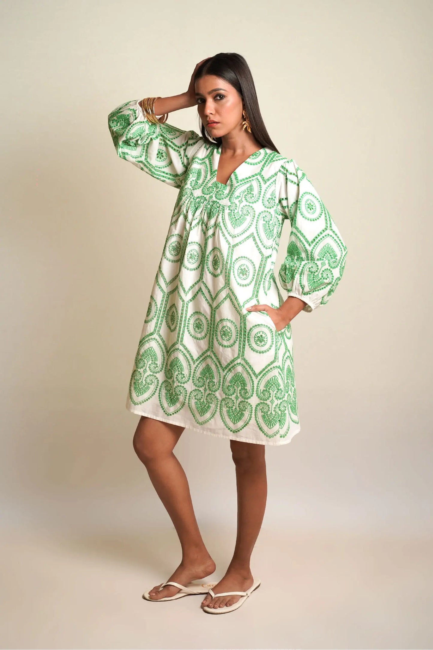 SUMMER SHIFT Green Pottery Embroidery Mala Singh