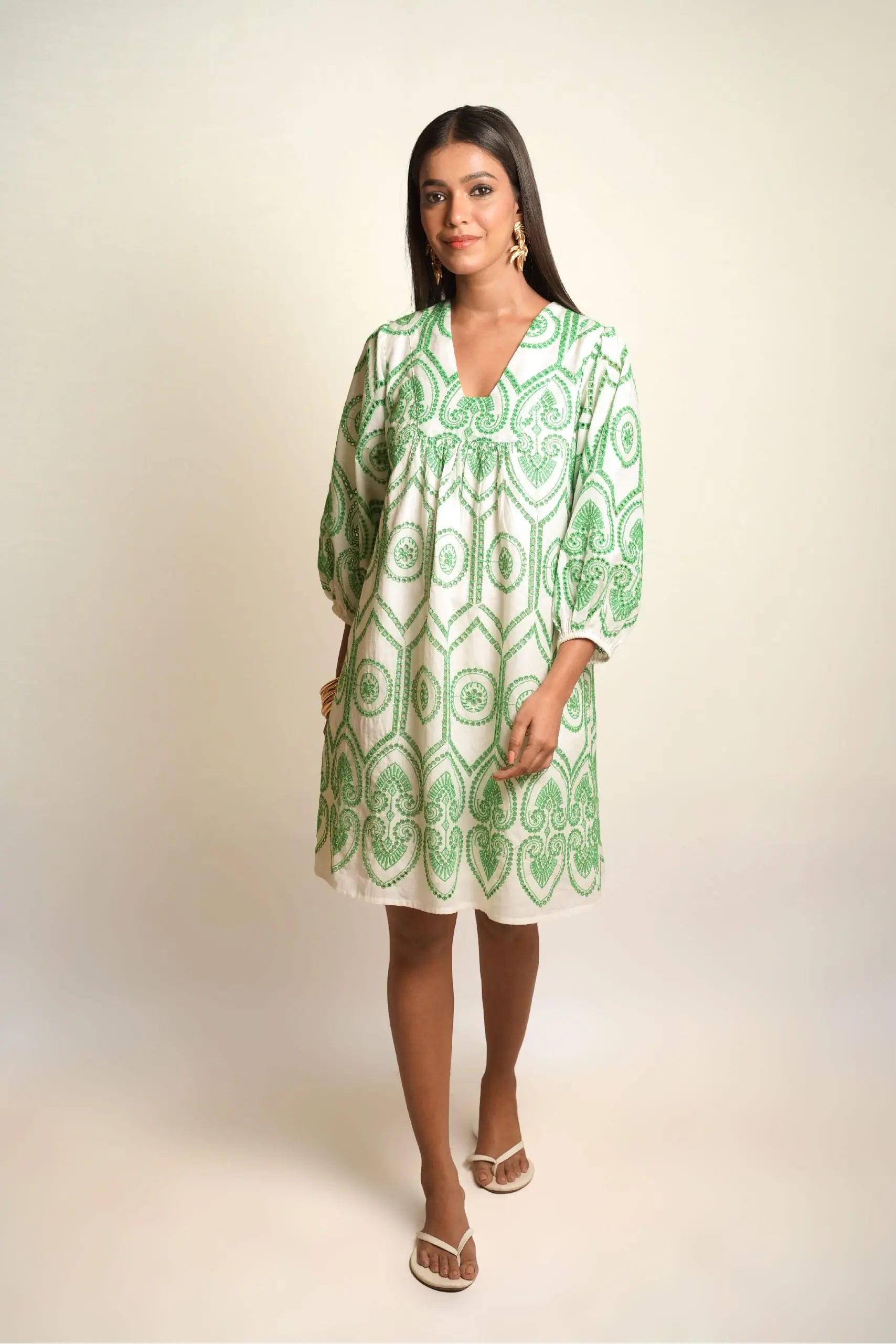 SUMMER SHIFT Green Pottery Embroidery Mala Singh