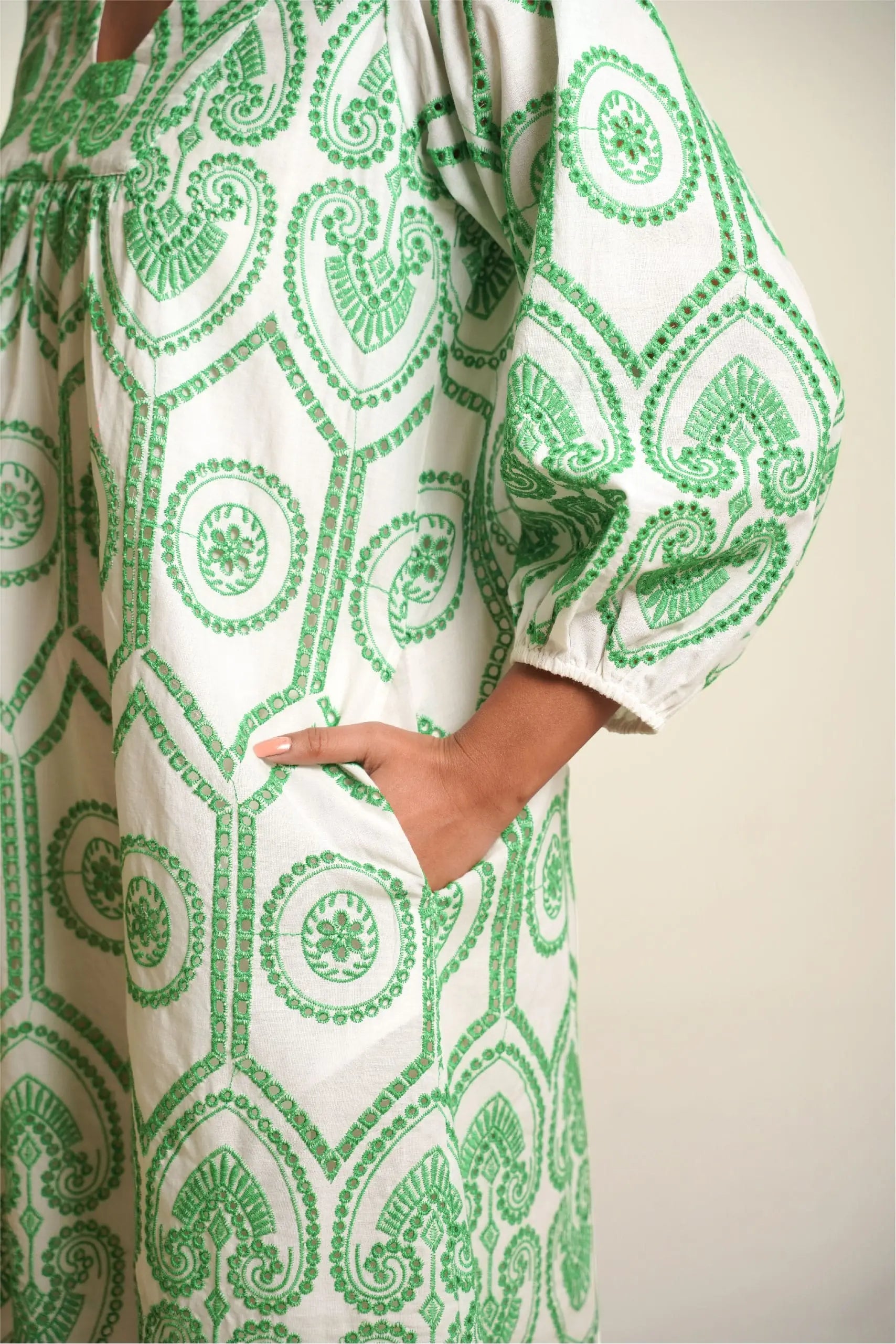 SUMMER SHIFT Green Pottery Embroidery Mala Singh