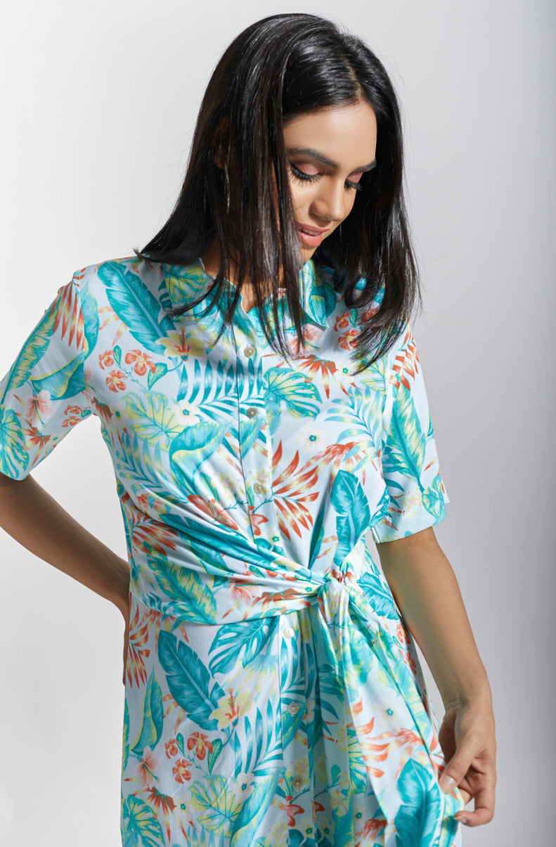 KATE Aqua Tropical Print Shirtdress