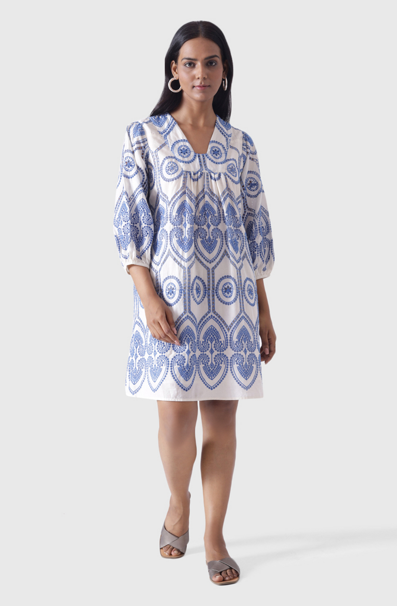 SUMMER SHIFT Blue Pottery Embroidered Dress
