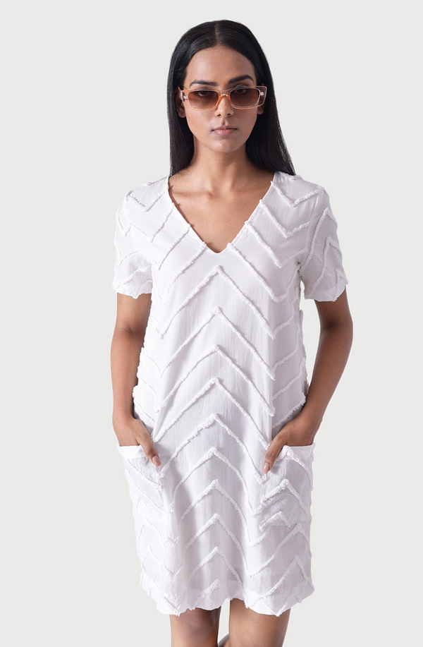 CLASSIC SHIFT White Chevron Embroidered Short Dress