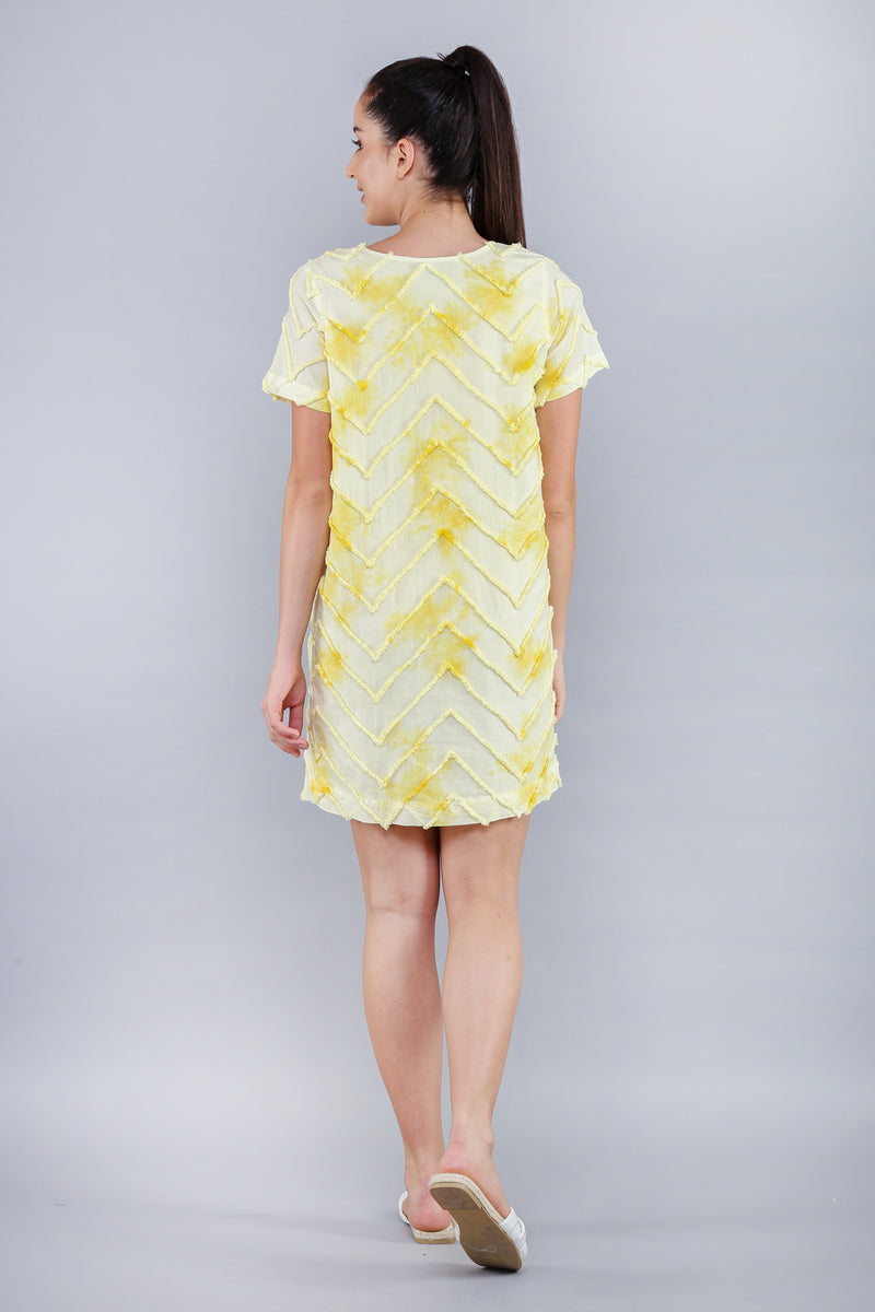 CLASSIC SHIFT Yellow Tie Dye Chevron Embroidered Short Dress