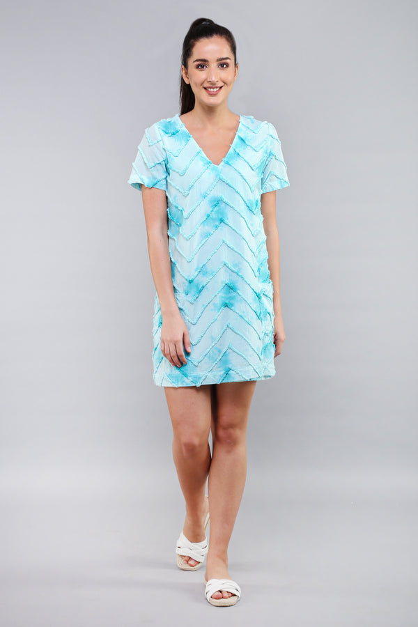 CLASSIC SHIFT Aqua Tie - Dye Chevron Embroidered Short Dress