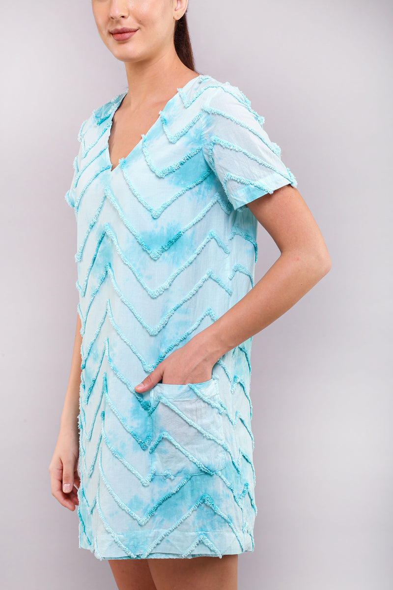 Classic Shift Aqua Tie - Dye Chevron Embroidered Short Dress