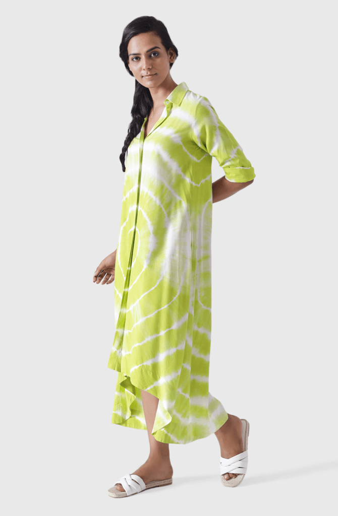 VINESSA Lime Circle Tie Dye High Low Shirt Dress