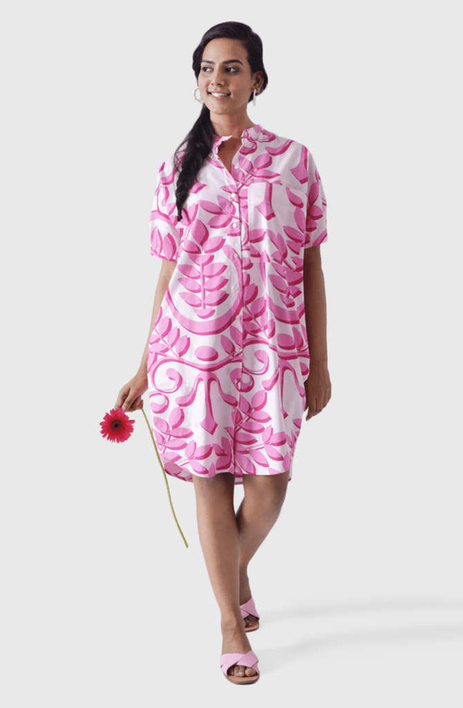 MALIBU Hot Pink Print Balloon Shirt Dress