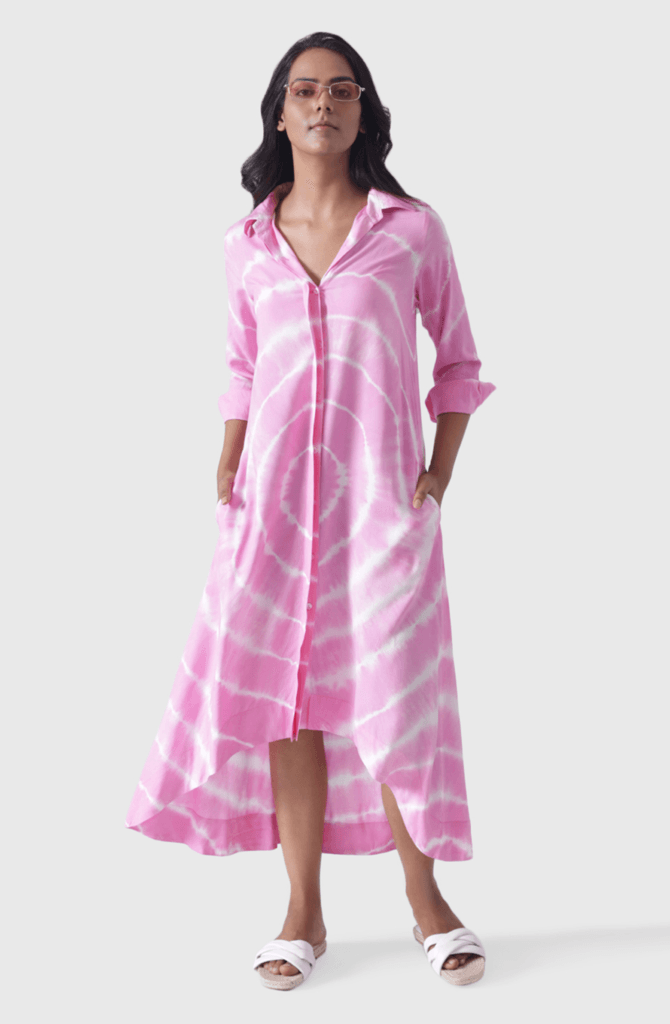 VINESSA Pink Circle Tie Dye High Low Shirt Dress