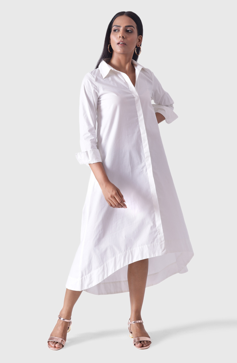 VINESSA White High Low Shirtdress