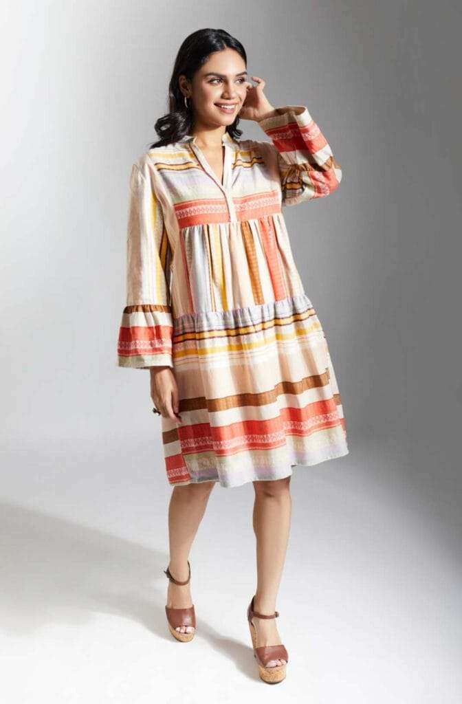 ELLA Jacquard stripe Rust Knee Length Dress