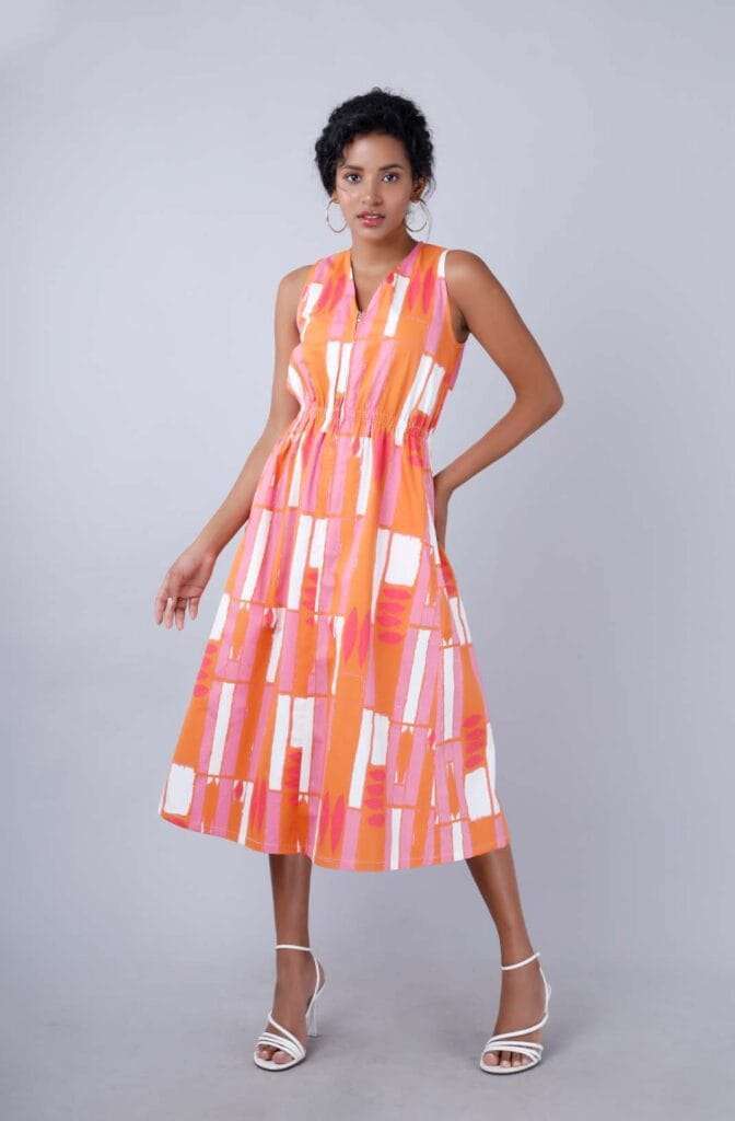 FIREFLY Pink Orange Tile Print Midi Dress