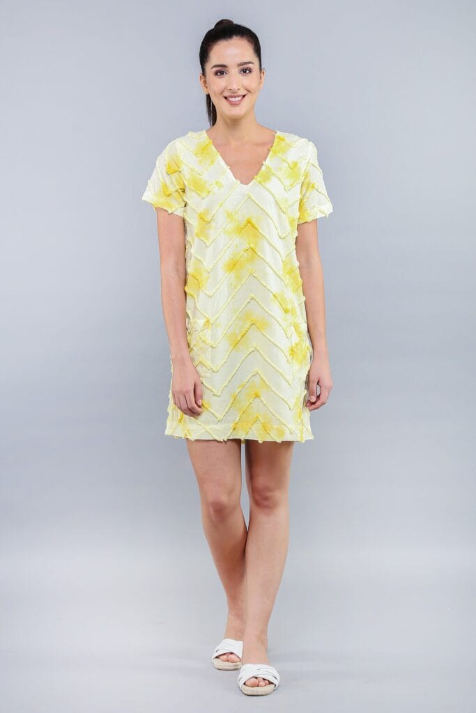 CLASSIC SHIFT Yellow Tie Dye Chevron Embroidered Short Dress